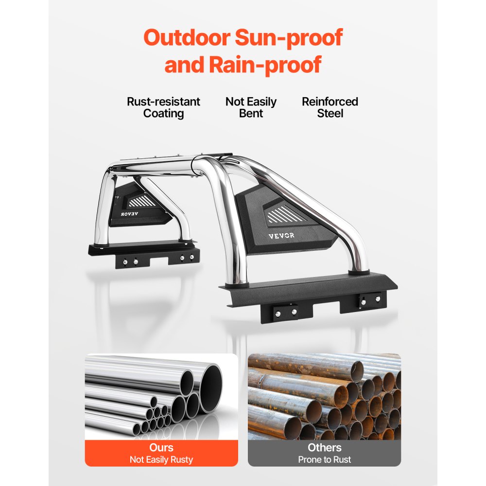 VEVOR Truck Bed Roll Bar, Universal Adjustable Sport Bar Chase Rack Compatible with Full-Size & Mid-Size Pickup, With LED Brake Light, Stainless Steel + Carbon Steel No Rack Included