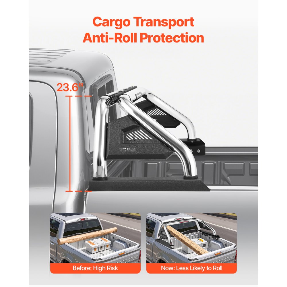 VEVOR Truck Bed Roll Bar, Universal Adjustable Sport Bar Chase Rack Compatible with Full-Size & Mid-Size Pickup, With LED Brake Light, Stainless Steel + Carbon Steel No Rack Included