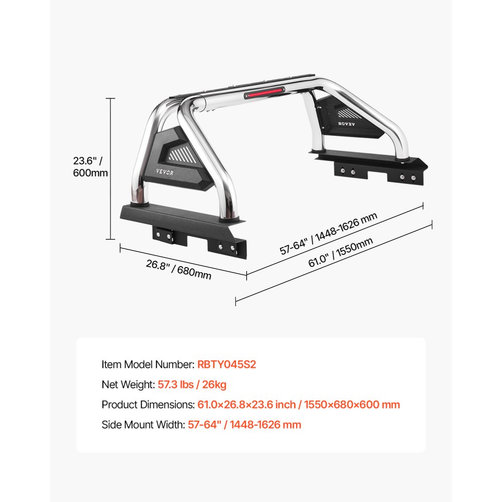 VEVOR Truck Bed Roll Bar, Universal Adjustable Sport Bar Chase Rack Compatible with Full-Size & Mid-Size Pickup, With LED Brake Light, Stainless Steel + Carbon Steel No Rack Included