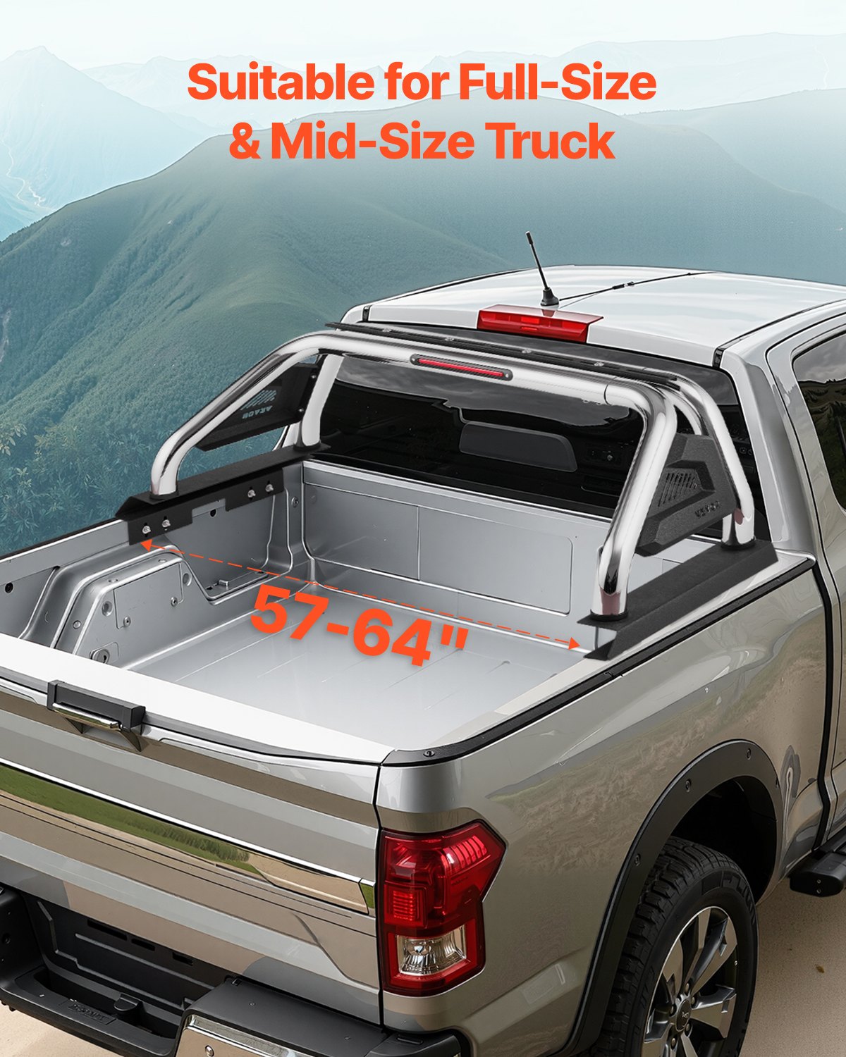 VEVOR Truck Bed Roll Bar, Universal Adjustable Sport Bar Chase Rack Compatible with Full-Size & Mid-Size Pickup, With LED Brake Light, Stainless Steel + Carbon Steel No Rack Included