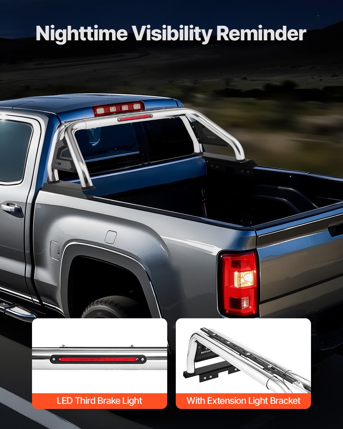 VEVOR Truck Bed Roll Bar, Universal Adjustable Sport Bar Chase Rack Compatible with Full-Size & Mid-Size Pickup, With LED Brake Light, Stainless Steel + Carbon Steel No Rack Included