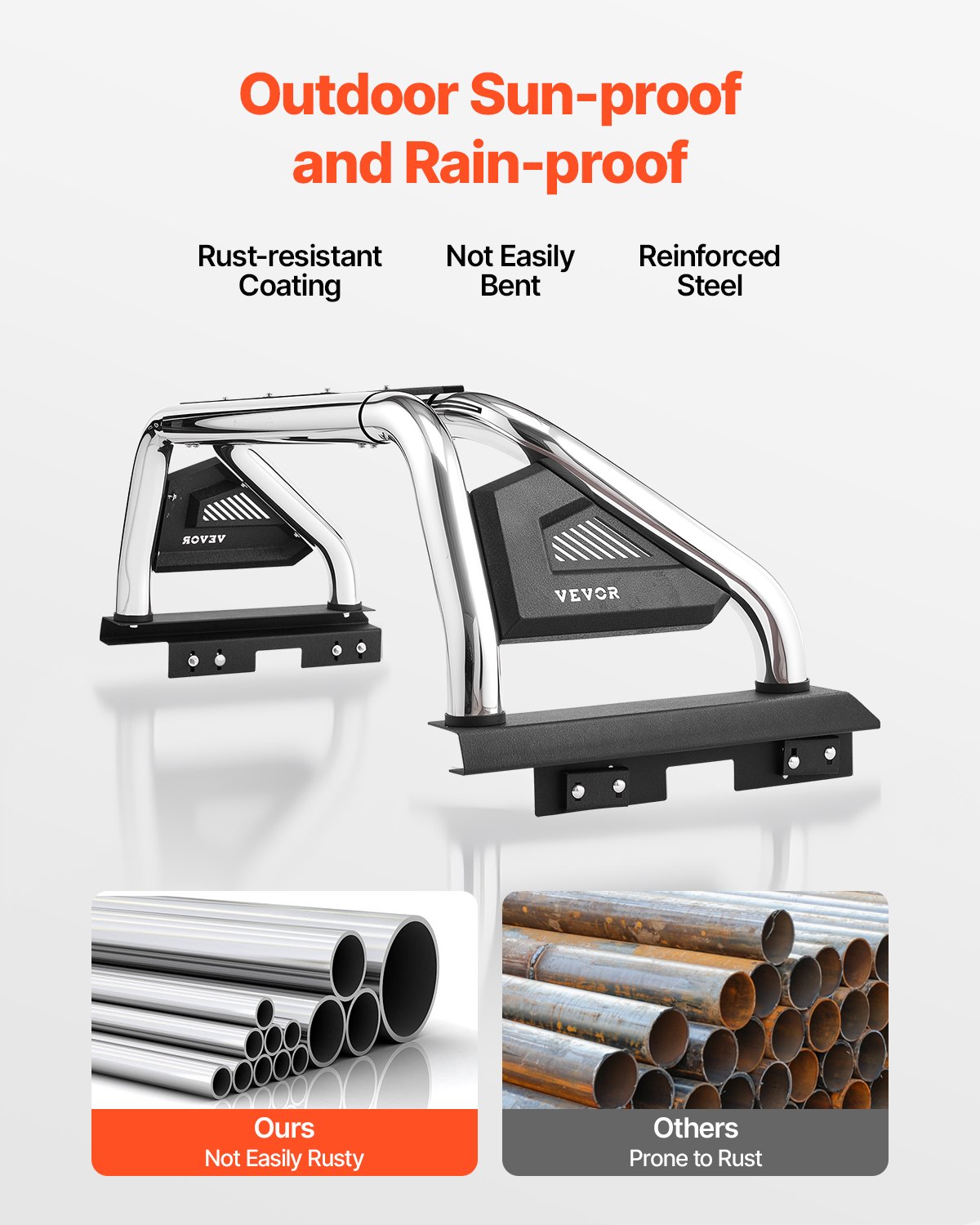 VEVOR Truck Bed Roll Bar, Universal Adjustable Sport Bar Chase Rack Compatible with Full-Size & Mid-Size Pickup, With LED Brake Light, Stainless Steel + Carbon Steel No Rack Included