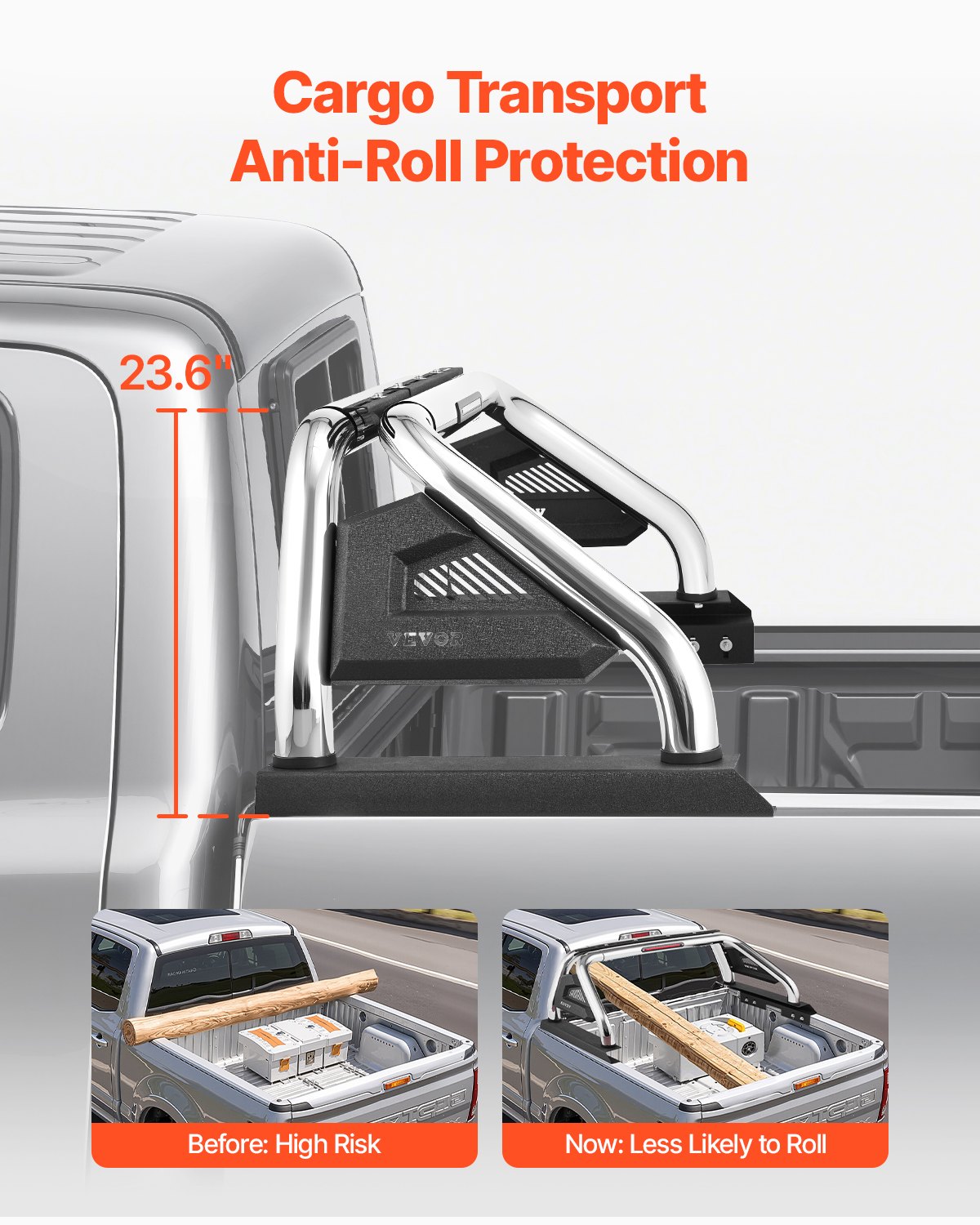 VEVOR Truck Bed Roll Bar, Universal Adjustable Sport Bar Chase Rack Compatible with Full-Size & Mid-Size Pickup, With LED Brake Light, Stainless Steel + Carbon Steel No Rack Included