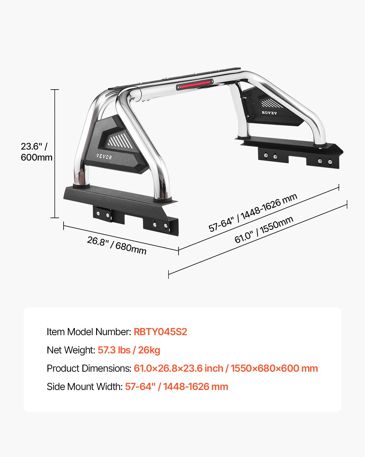 VEVOR Truck Bed Roll Bar, Universal Adjustable Sport Bar Chase Rack Compatible with Full-Size & Mid-Size Pickup, With LED Brake Light, Stainless Steel + Carbon Steel No Rack Included