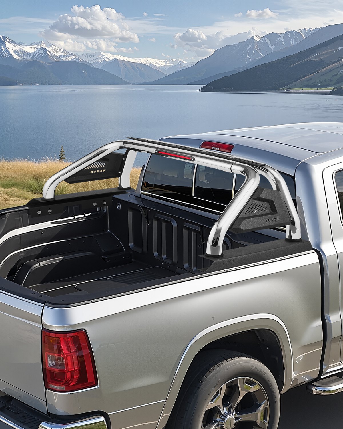 VEVOR Truck Bed Roll Bar, Universal Adjustable Sport Bar Chase Rack Compatible with Full-Size & Mid-Size Pickup, With LED Brake Light, Stainless Steel + Carbon Steel No Rack Included