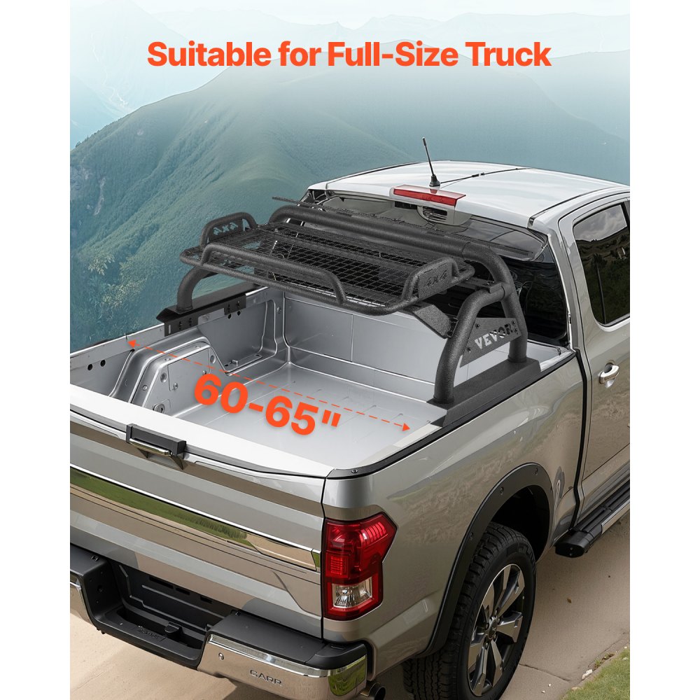 VEVOR Truck Bed Roll Bar, Universal Adjustable Sport Bar Chase Rack, with Luggage Rack for Full-Size Pickup, Carbon Steel Construction with Extension Light Bracket, Rust-resistant Coating
