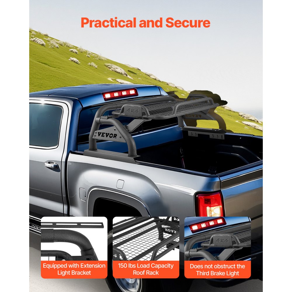 VEVOR Truck Bed Roll Bar, Universal Adjustable Sport Bar Chase Rack, with Luggage Rack for Full-Size Pickup, Carbon Steel Construction with Extension Light Bracket, Rust-resistant Coating