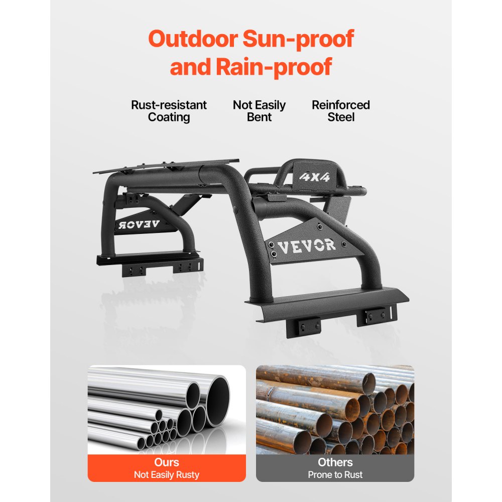VEVOR Truck Bed Roll Bar, Universal Adjustable Sport Bar Chase Rack, with Luggage Rack for Full-Size Pickup, Carbon Steel Construction with Extension Light Bracket, Rust-resistant Coating