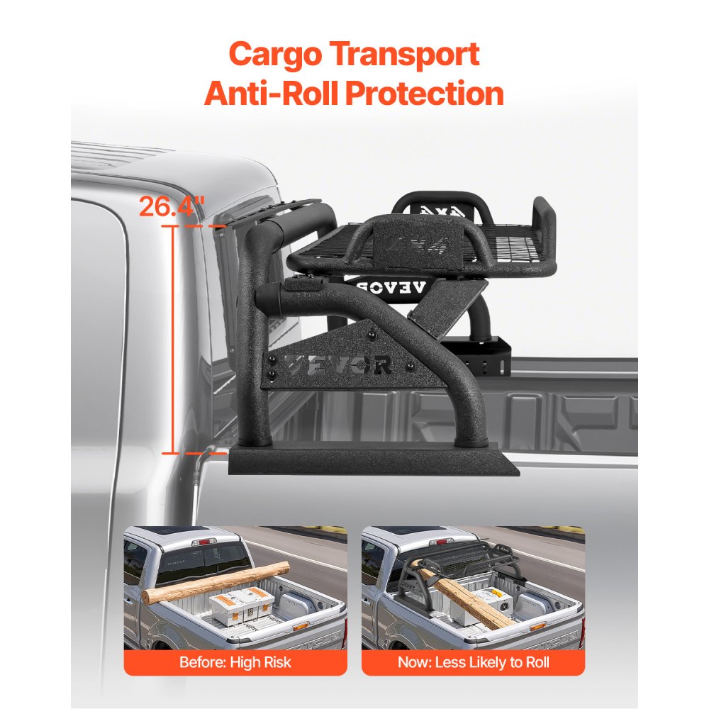 VEVOR Truck Bed Roll Bar, Universal Adjustable Sport Bar Chase Rack, with Luggage Rack for Full-Size Pickup, Carbon Steel Construction with Extension Light Bracket, Rust-resistant Coating