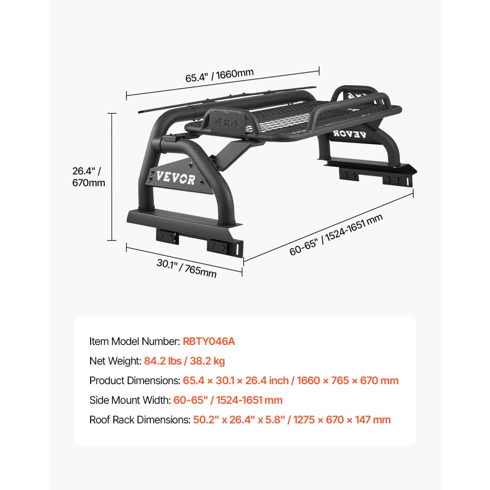 VEVOR Truck Bed Roll Bar, Universal Adjustable Sport Bar Chase Rack, with Luggage Rack for Full-Size Pickup, Carbon Steel Construction with Extension Light Bracket, Rust-resistant Coating