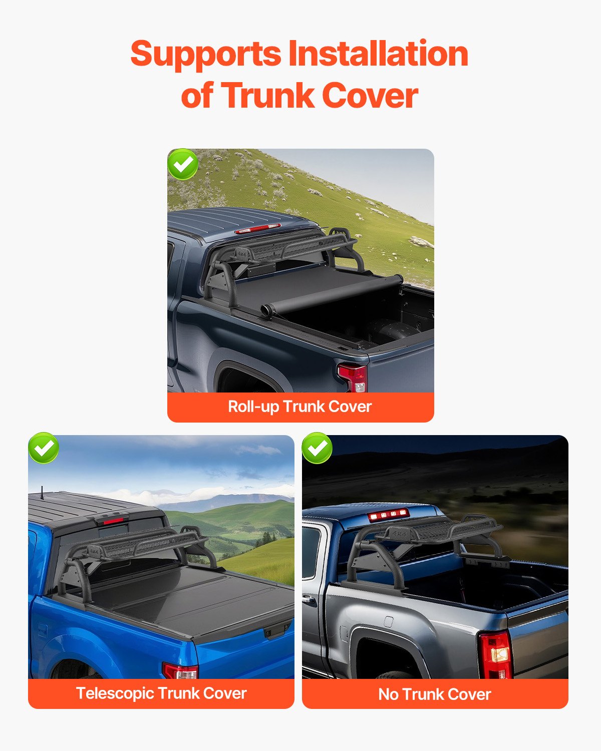 VEVOR Truck Bed Roll Bar, Universal Adjustable Sport Bar Chase Rack, with Luggage Rack for Full-Size Pickup, Carbon Steel Construction with Extension Light Bracket, Rust-resistant Coating