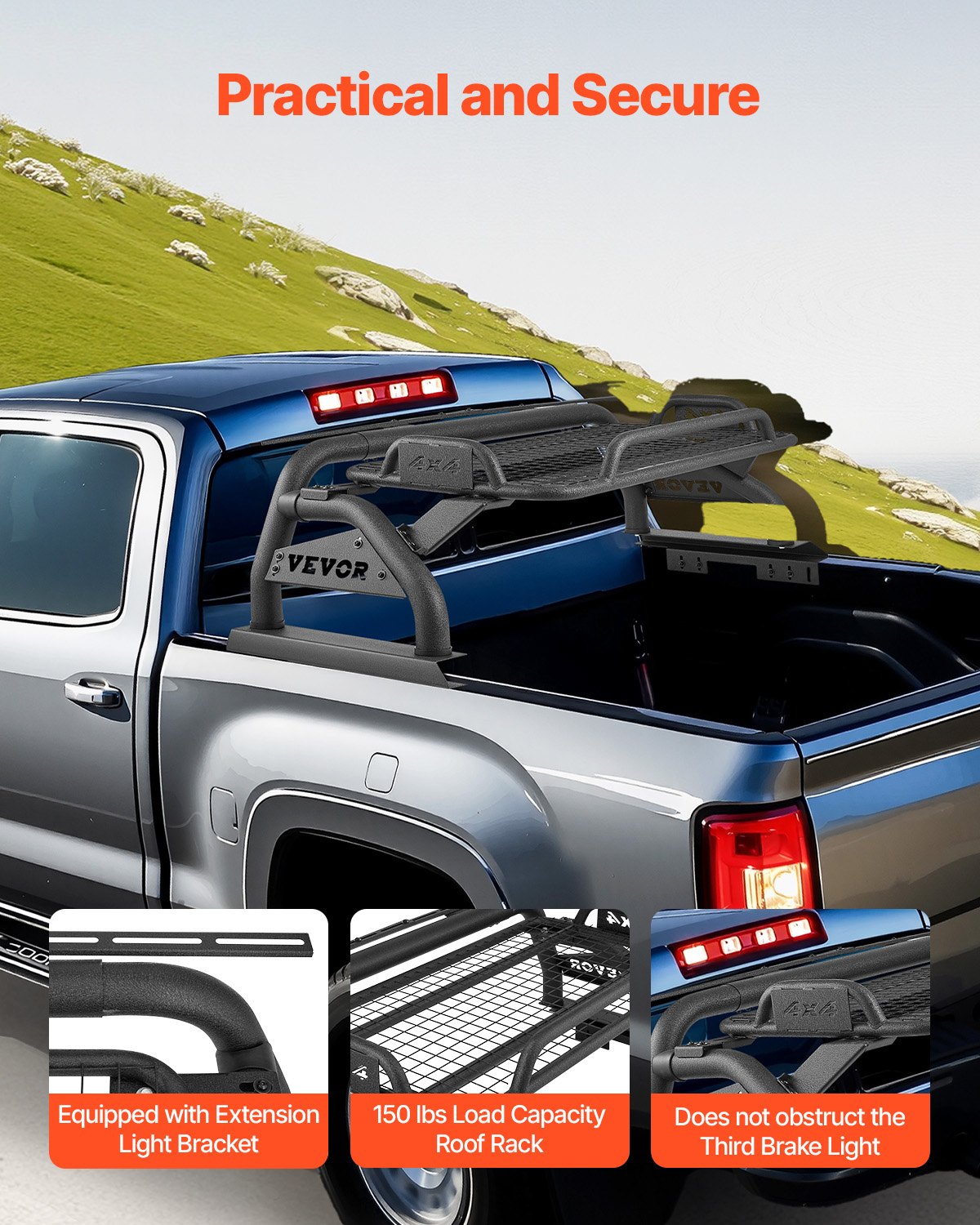 VEVOR Truck Bed Roll Bar, Universal Adjustable Sport Bar Chase Rack, with Luggage Rack for Full-Size Pickup, Carbon Steel Construction with Extension Light Bracket, Rust-resistant Coating