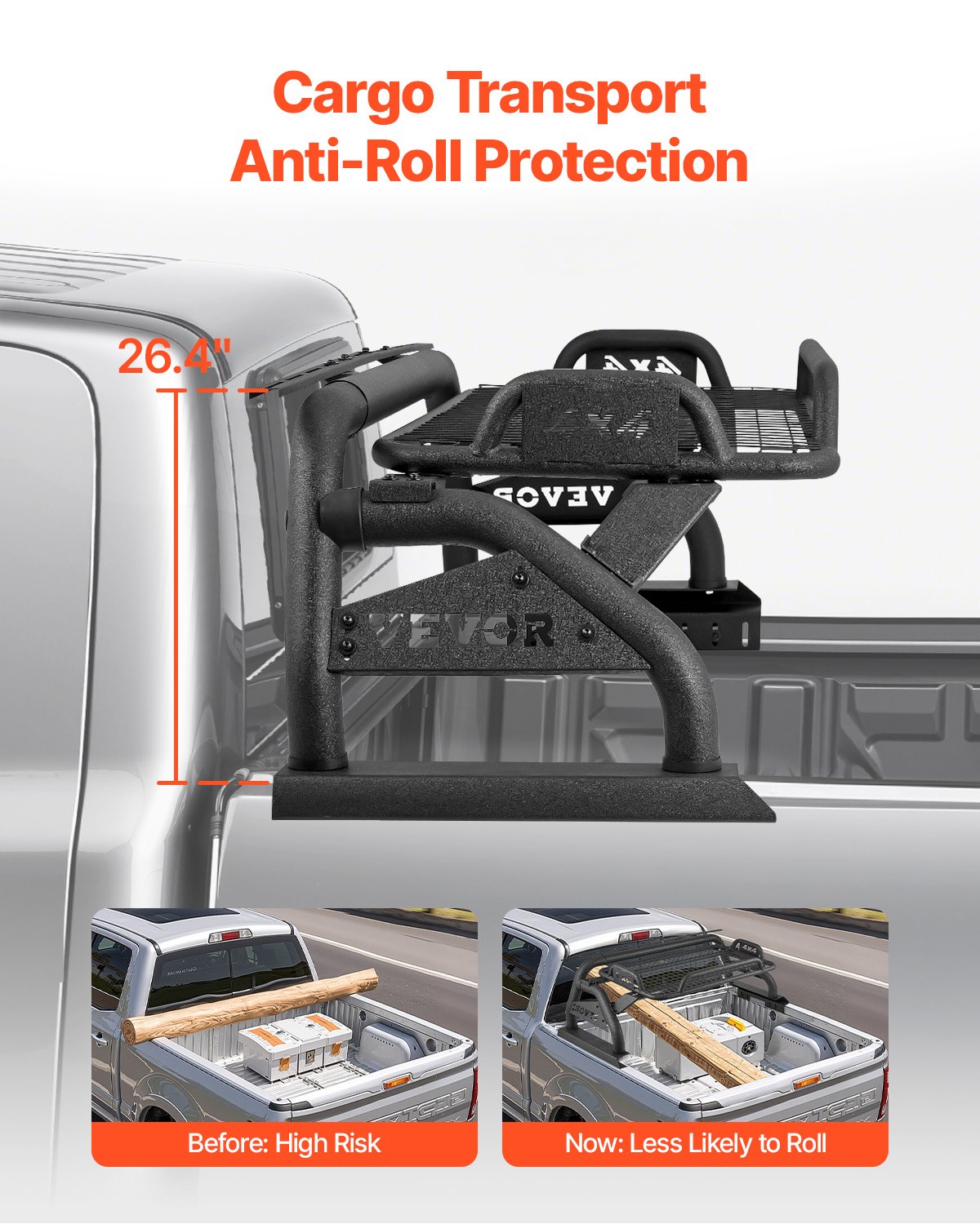 VEVOR Truck Bed Roll Bar, Universal Adjustable Sport Bar Chase Rack, with Luggage Rack for Full-Size Pickup, Carbon Steel Construction with Extension Light Bracket, Rust-resistant Coating