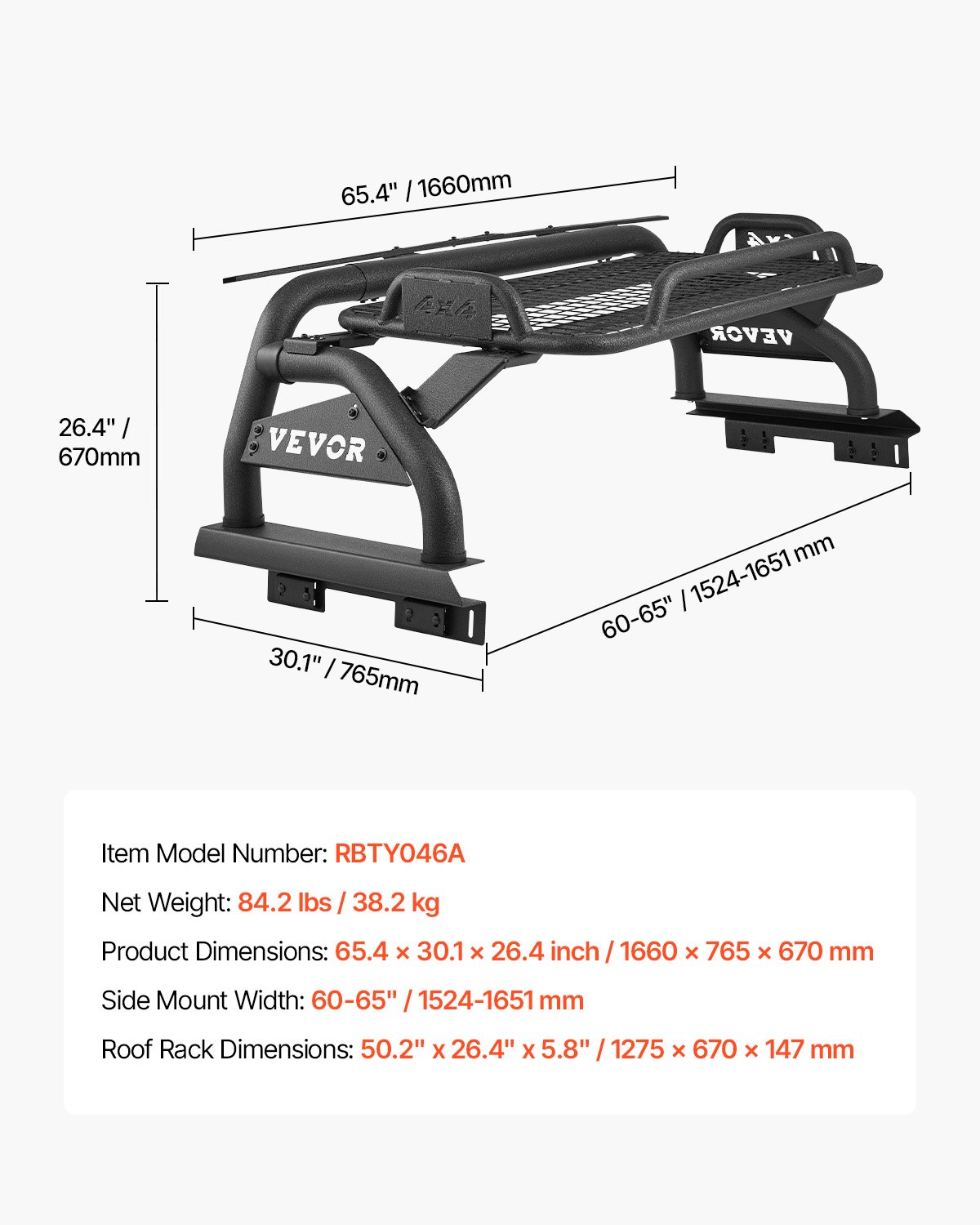 VEVOR Truck Bed Roll Bar, Universal Adjustable Sport Bar Chase Rack, with Luggage Rack for Full-Size Pickup, Carbon Steel Construction with Extension Light Bracket, Rust-resistant Coating