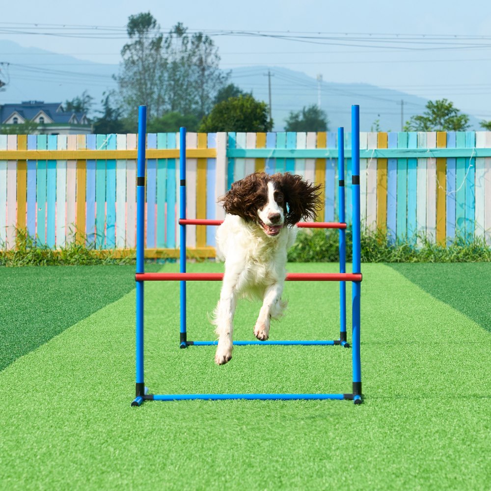 VEVOR Dog Agility Training Equipment, 7 PCS Set w/ Adjustable High Hurdles,6 Weave Poles,2 Tunnels,Jump Ring,Pause Box, Whistle,Foldable Bowl,Puppy Obstacle Course Kit w/ 3 Bags