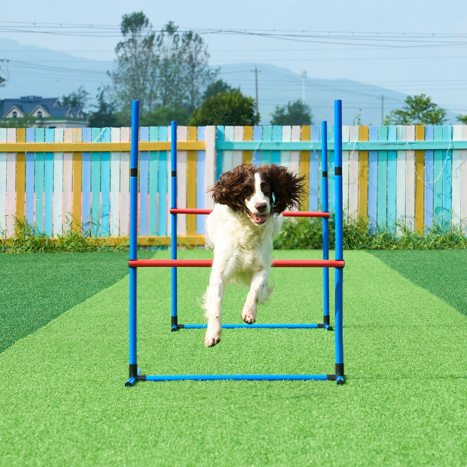 VEVOR Dog Agility Training Equipment, 7 PCS Set w/ Adjustable High Hurdles,6 Weave Poles,2 Tunnels,Jump Ring,Pause Box, Whistle,Foldable Bowl,Puppy Obstacle Course Kit w/ 3 Bags