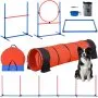 VEVOR Dog Agility Training Equipment, 5 PCS Set Upgrade with Adjustable High Hurdles,6 Weave Poles,Extended Tunnel,Jump Ring,Pause Box,Whistle,Foldable Bowl,Puppy Obstacle Course Kit with Storage Bag