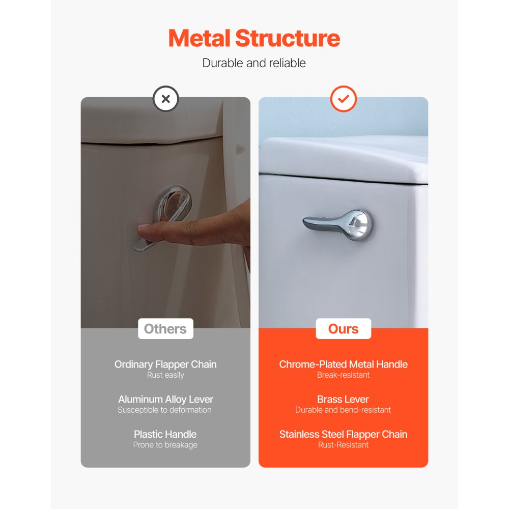 VEVOR Toilet Handle Replacement Kit, Side Mount Universal Toilet Handle, Toilet Handle Lever with Stainless Steel Flapper Chain, Toilet Flush Handle Fits Various Toilet Tanks, Chrome Finish, Silver
