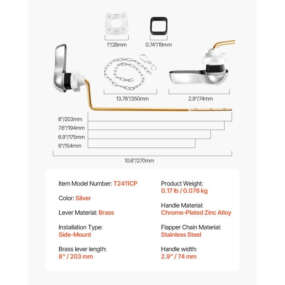 VEVOR Toilet Handle Replacement Kit, Side Mount Universal Toilet Handle, Toilet Handle Lever with Stainless Steel Flapper Chain, Toilet Flush Handle Fits Various Toilet Tanks, Chrome Finish, Silver