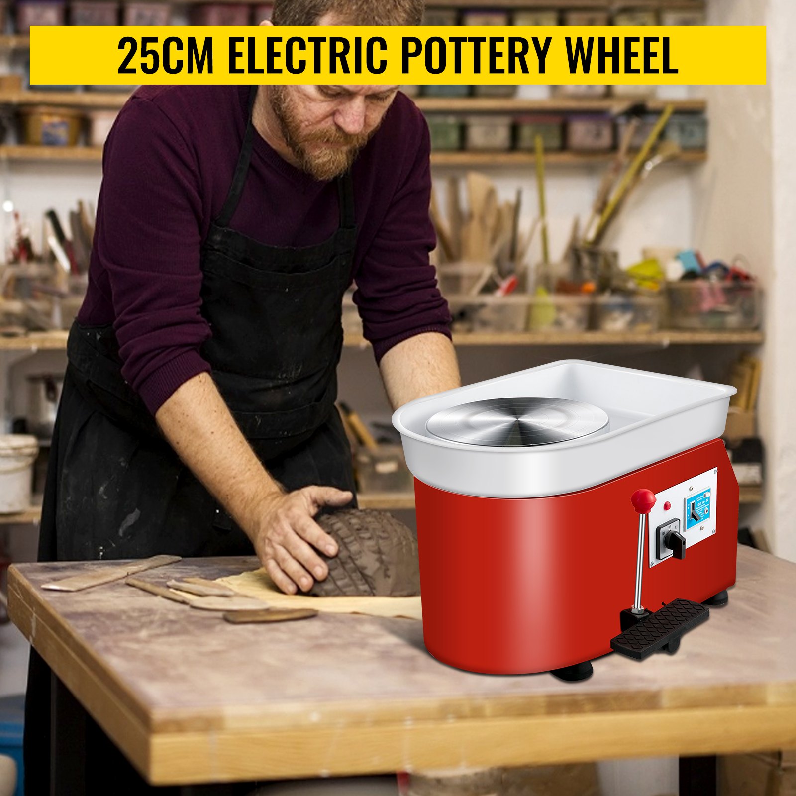 VEVOR Electric Pottery Wheel 25cm Pottery Wheel Machine 280W Pottery Forming Machine with Adjustable Handle Feet Pedal DIY Clay Shaping Tool with 8pcs of Tray Clay Knife Set for Ceramics Clay Craft