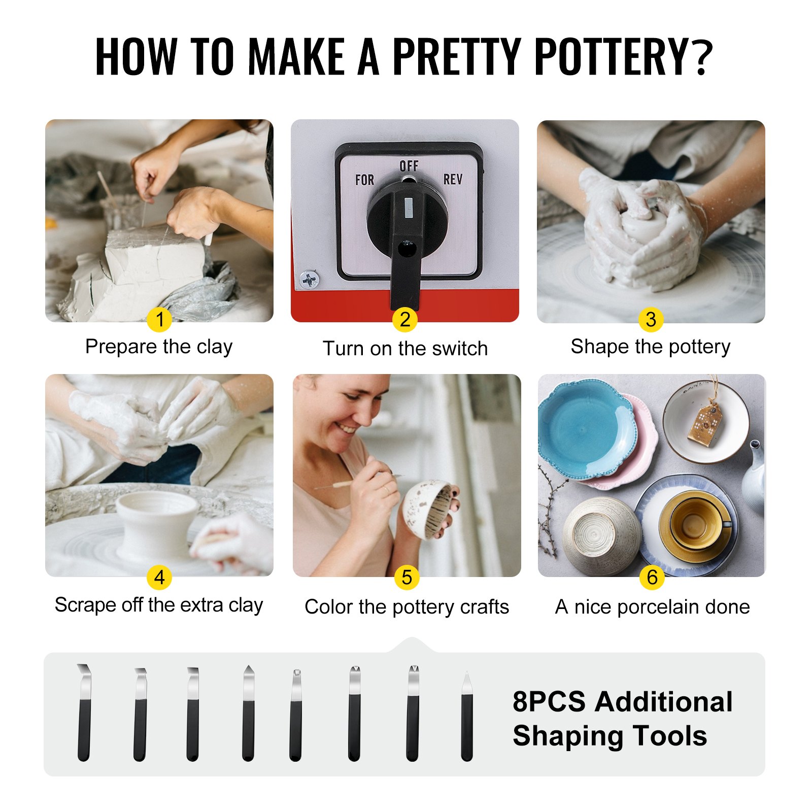 VEVOR Electric Pottery Wheel 25cm Pottery Wheel Machine 280W Pottery Forming Machine with Adjustable Handle Feet Pedal DIY Clay Shaping Tool with 8pcs of Tray Clay Knife Set for Ceramics Clay Craft