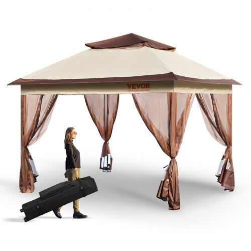 VEVOR Patio Gazebo, 11 x 11 FT Pop up Gazebo for 8-10 Person, with Mosquito Netting, Metal Frame, and PU Coated 250D Oxford Cloth, Outdoor Canopy Shelter for Patio, Backyard, Lawn, Garden, Deck