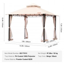 VEVOR Patio Gazebo for 6-8 Person, 3.05 x 3.05 m Backyard Gazebo, with Mosquito Netting, Metal Frame, and PU Coated 180G Polyester, Outdoor Canopy Shelter for Patio, Backyard, Lawn, Garden, Deck
