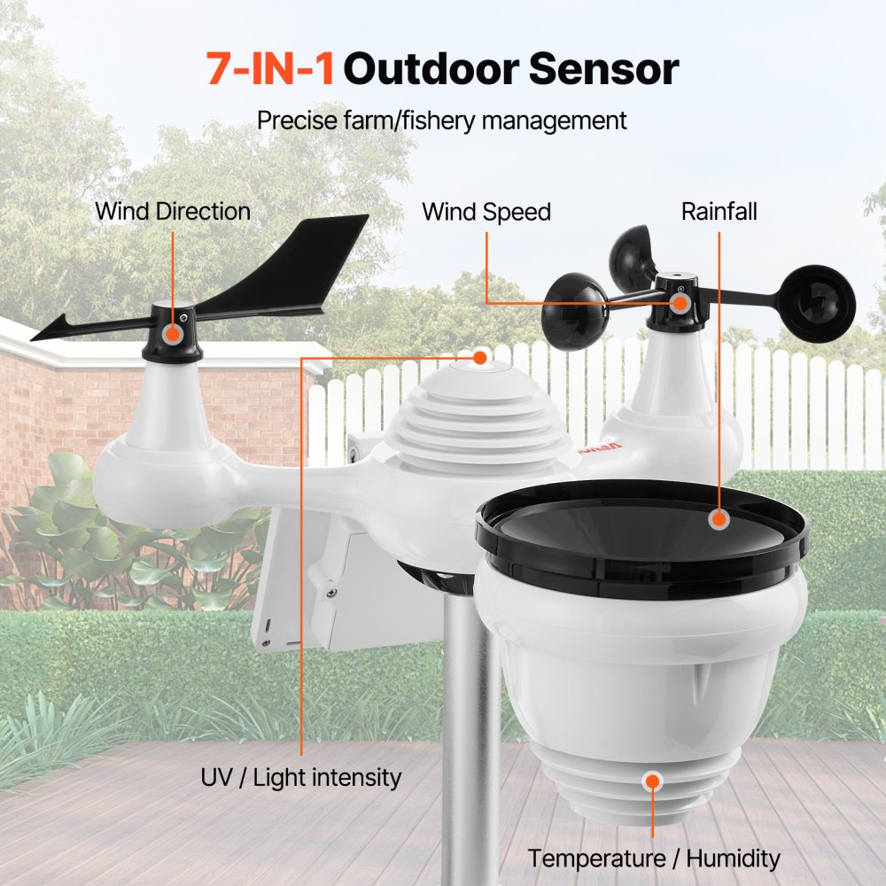 VEVOR 7-in-1 Wi-Fi Weather Station 186mm (7 in) TFT Display Wireless Outdoor Sensor