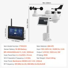 VEVOR 7-in-1 Solar-Powered Wi-Fi Weather Station 7" TFT with Outdoor Sensor