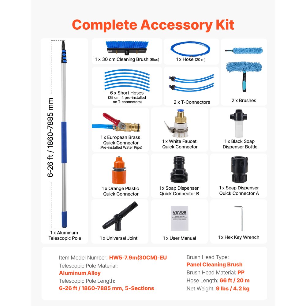 VEVOR Solar Panel Cleaning Kit, 7.885 m, Water Fed Pole Kit with Cleaning Brush, Soap Dispenser, Extendable Aluminum Telescopic Pole, 180° Rotatable Brush Head, for Roof Mounted Solar Panels, Windows