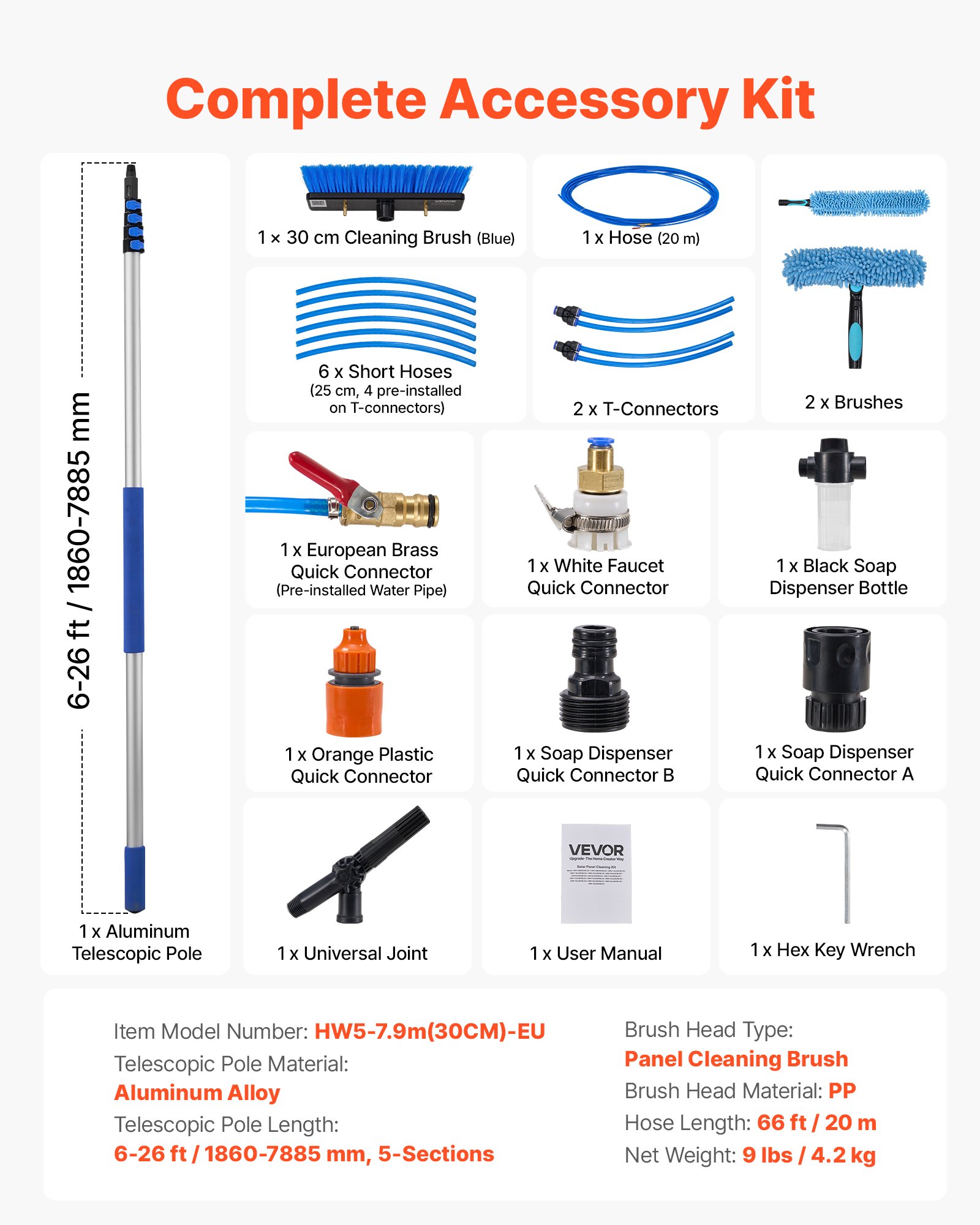 VEVOR Solar Panel Cleaning Kit, 7.885 m, Water Fed Pole Kit with Cleaning Brush, Soap Dispenser, Extendable Aluminum Telescopic Pole, 180° Rotatable Brush Head, for Roof Mounted Solar Panels, Windows