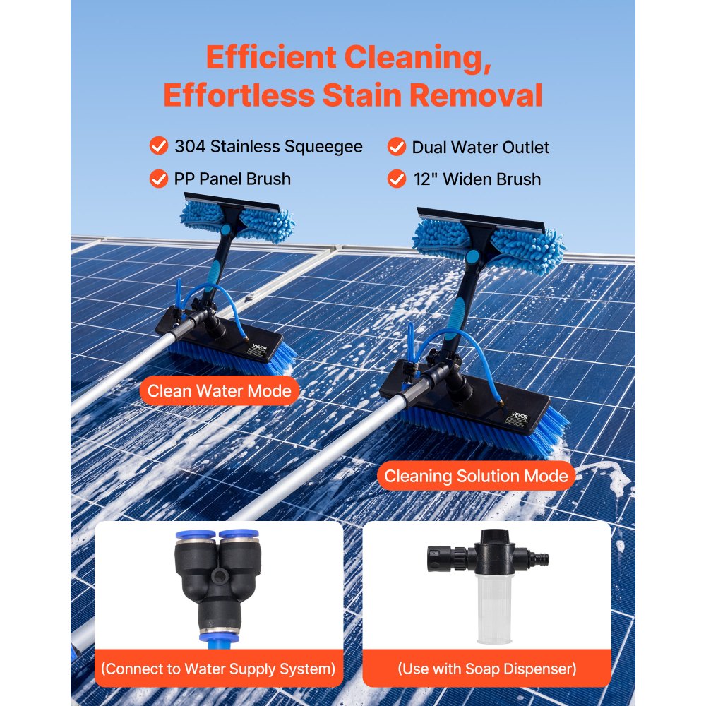 VEVOR Solar Panel Cleaning Kit, 7.365 m, Water Fed Pole Kit with Cleaning Brush, Soap Dispenser, Extendable Aluminum Telescopic Pole, 180° Rotatable Brush Head, for Roof Mounted Solar Panels, Windows