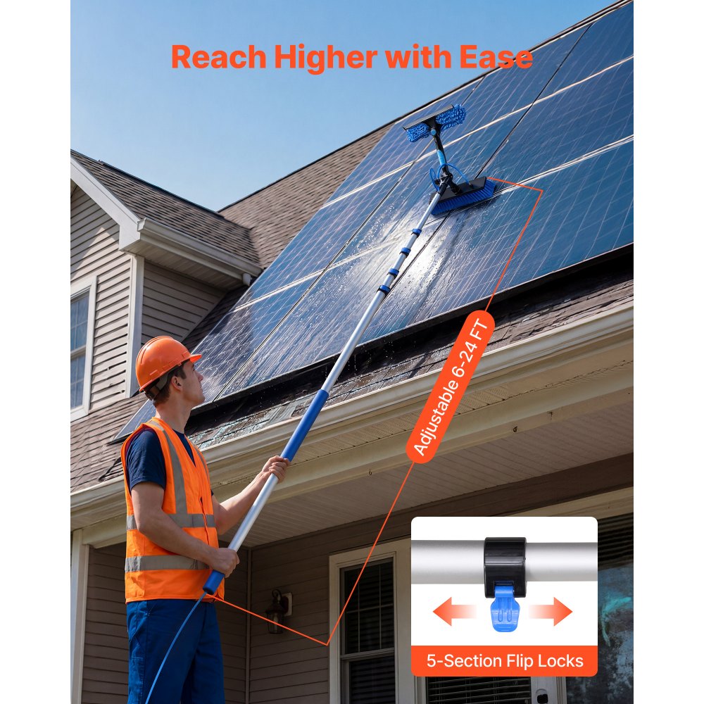 VEVOR Solar Panel Cleaning Kit, 7.365 m, Water Fed Pole Kit with Cleaning Brush, Soap Dispenser, Extendable Aluminum Telescopic Pole, 180° Rotatable Brush Head, for Roof Mounted Solar Panels, Windows