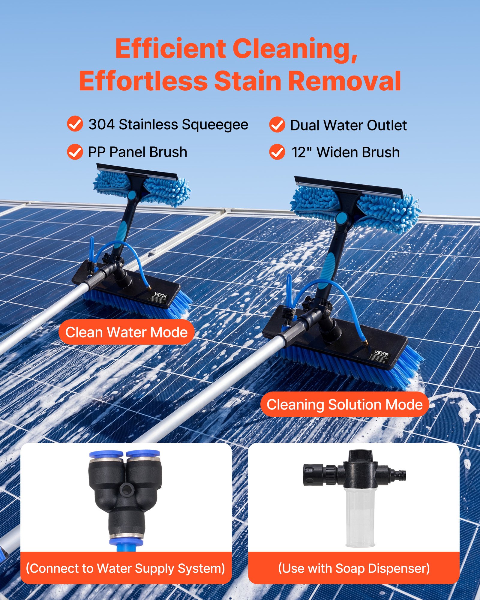 VEVOR Solar Panel Cleaning Kit, 7.365 m, Water Fed Pole Kit with Cleaning Brush, Soap Dispenser, Extendable Aluminum Telescopic Pole, 180° Rotatable Brush Head, for Roof Mounted Solar Panels, Windows