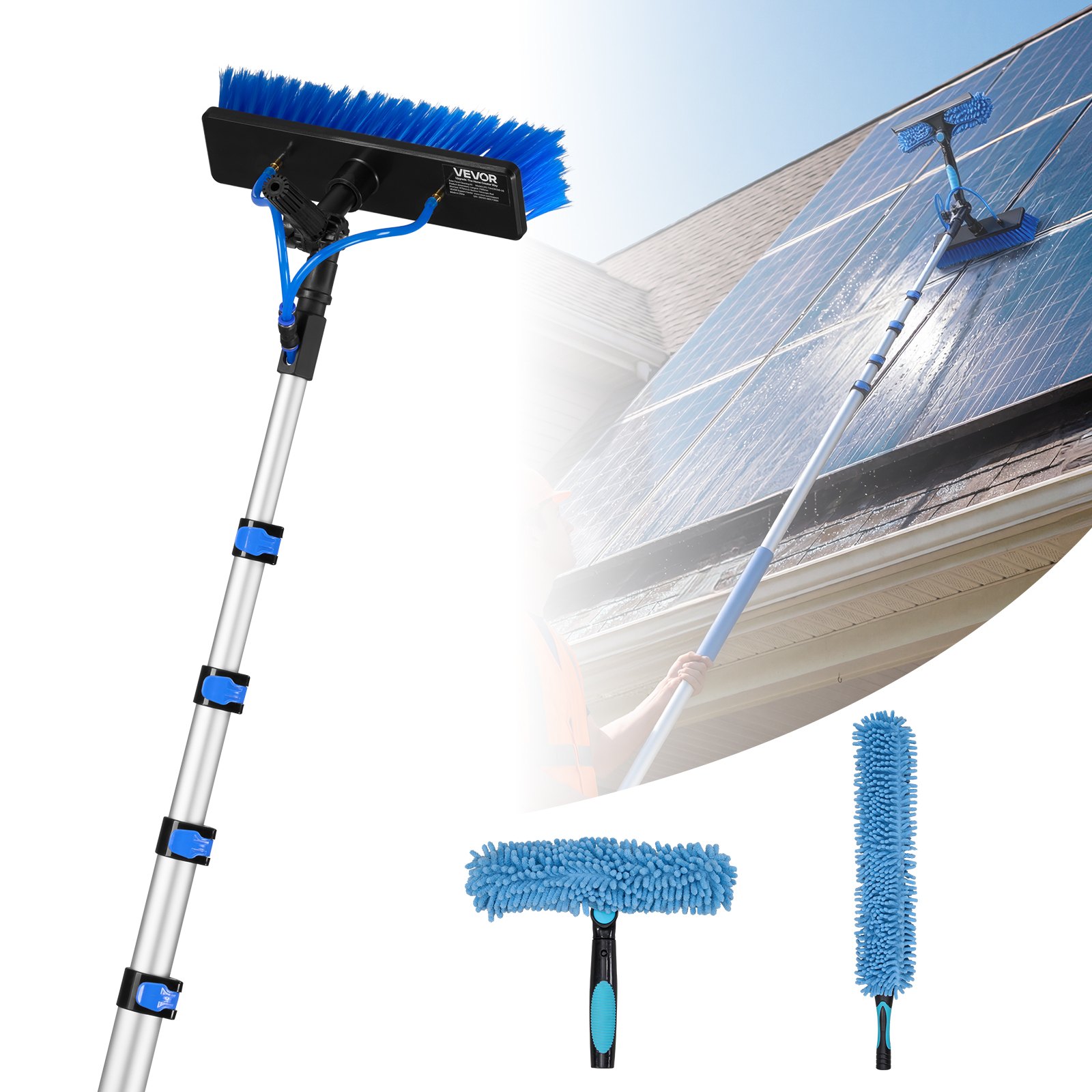 VEVOR Solar Panel Cleaning Kit, 7.365 m, Water Fed Pole Kit with Cleaning Brush, Soap Dispenser, Extendable Aluminum Telescopic Pole, 180° Rotatable Brush Head, for Roof Mounted Solar Panels, Windows