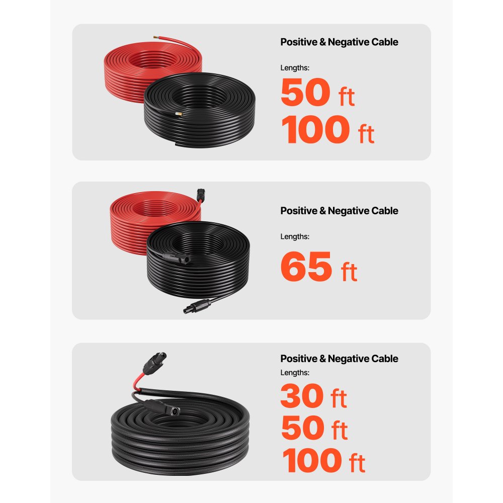 VEVOR Solar Panel Wire, 30.48 m Black + Red Kit, 10 AWG (6 mm²) Solar Panel Extension Cable, PV Tinned Copper Wire, for Outdoor Home Off-Grid Photovoltaic Systems Automotive RV Boat Marine, IP67