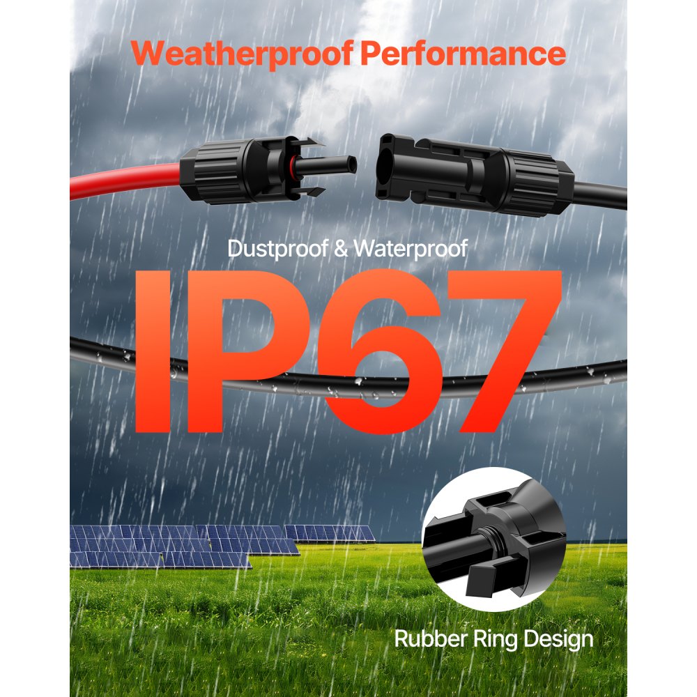 VEVOR 30FT Solar Panel Extension Cable, 10AWG Solar Extension Cable Wire with Female & Male Waterproof Connectors, 6mm² PV Cable for Home, Ship and RV Solar Panels, 30FT Black + 30FT Red (Set of 2)