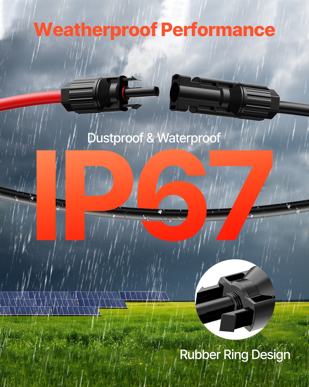 VEVOR 15.24 m Solar Panel Extension Cable, 10AWG Solar Extension Cable Wire with Female & Male Waterproof Connectors, 6mm² PV Cable for Home, Ship and RV Solar Panels, 15.24 m Black + 15.24 m Red (Set of 2)