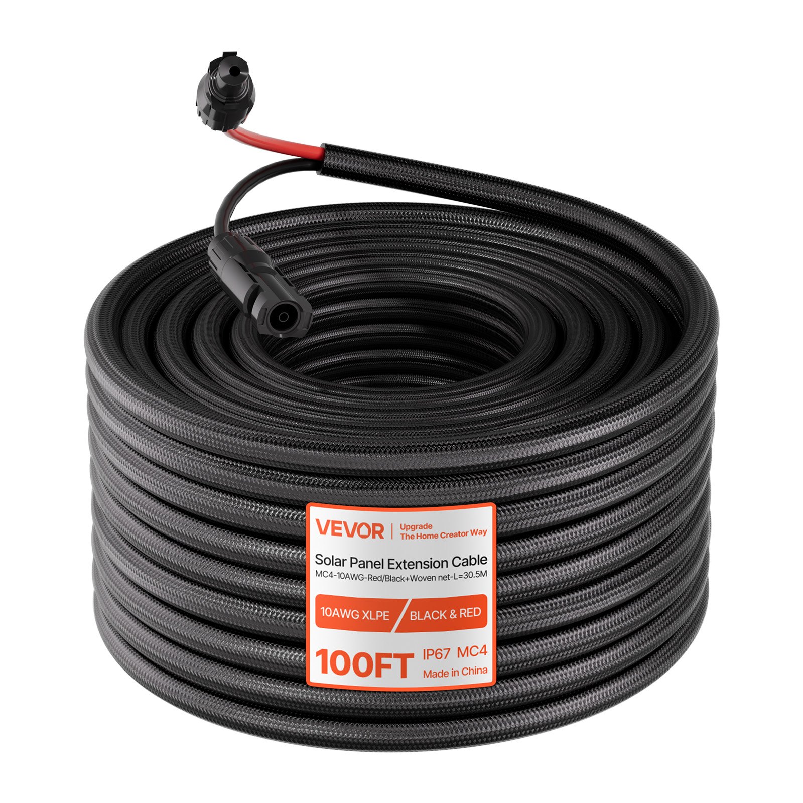 VEVOR 30.48M Solar Panel Extension Cable, 10 AWG, Solar Panel Wire with Flame Retardant Protective Sleeving, Female and Male Connectors, IP67 Waterproof PV Wire, for Outdoor Automotive RV, Black & Red