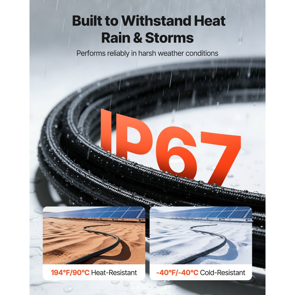 VEVOR 15.24M Solar Panel Extension Cable, 10 AWG, Solar Panel Wire with Flame Retardant Protective Sleeving, Female and Male Connectors, IP67 Waterproof PV Wire, for Outdoor Automotive RV, Black & Red