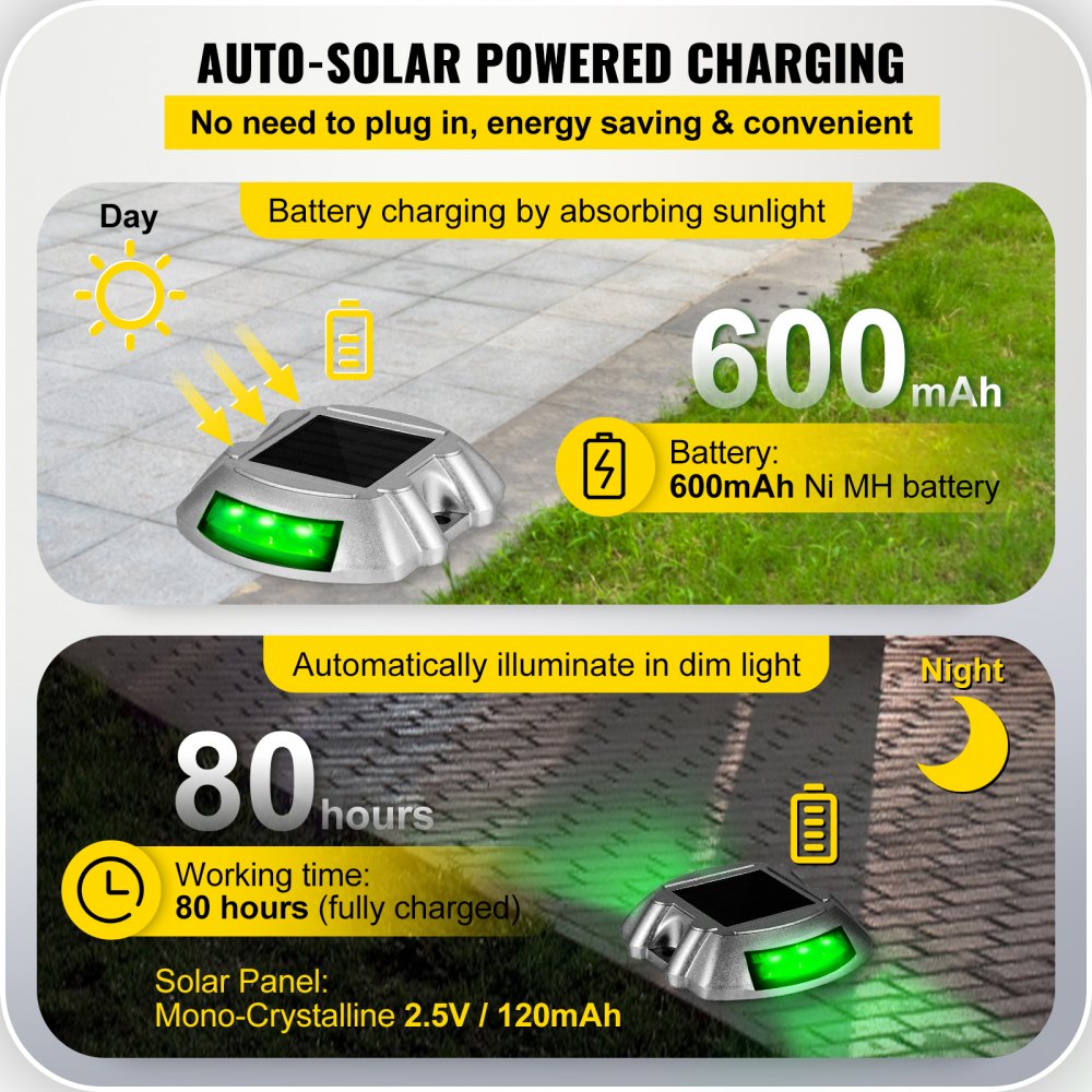 Luces de entrada Vevor, paquete de 4 luces solares para entrada con interruptor, luces solares para terraza, impermeables, luces de muelle inalámbricas, 6 LED para advertencia de caminos, jardín, pasarelas, aceras, escalones, LED verde brillante