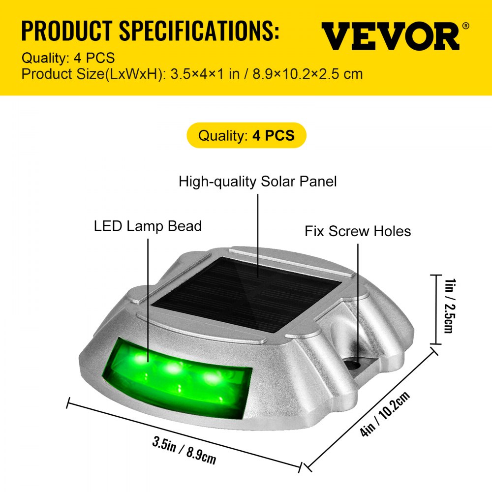 Luces de entrada Vevor, paquete de 4 luces solares para entrada con interruptor, luces solares para terraza, impermeables, luces de muelle inalámbricas, 6 LED para advertencia de caminos, jardín, pasarelas, aceras, escalones, LED verde brillante