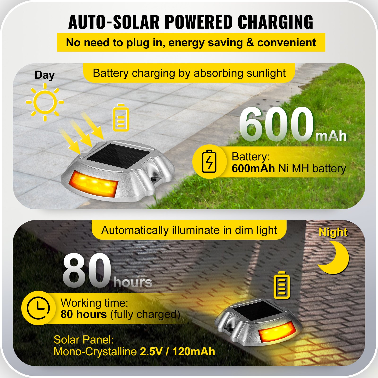 Vevor Driveway Lights, 4-Pack Solar Driveway Lights with Switch Button, Solar Deck Lights Waterproof, Wireless Dock Lights 6 LEDs for Path Warning Garden Walkway Sidewalk Steps, LED Bright Orange