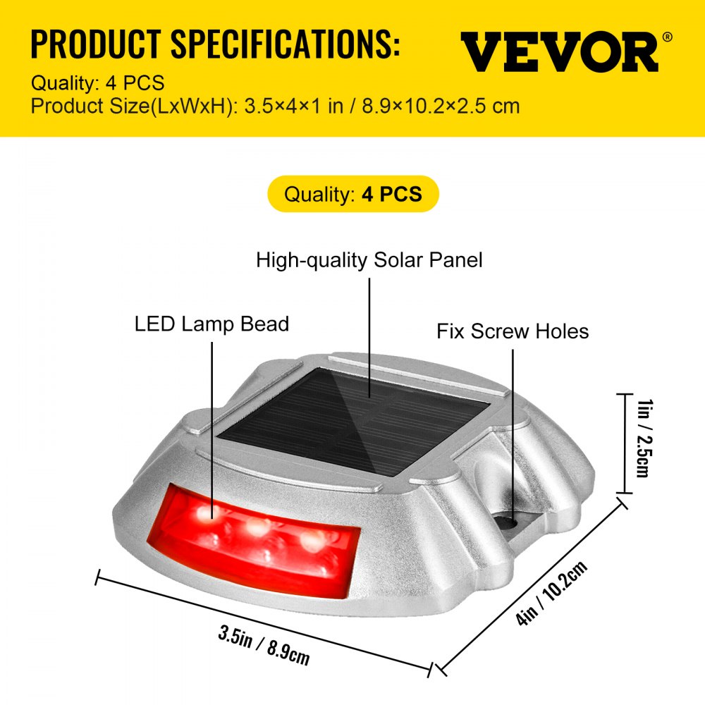 Vevor Driveway Lights, 4-Pack Solar Driveway Lights with Switch Button, Solar Deck Lights Waterproof, Wireless Dock Lights 6 LEDs for Path Warning Garden Walkway Sidewalk Steps, LED Bright Red