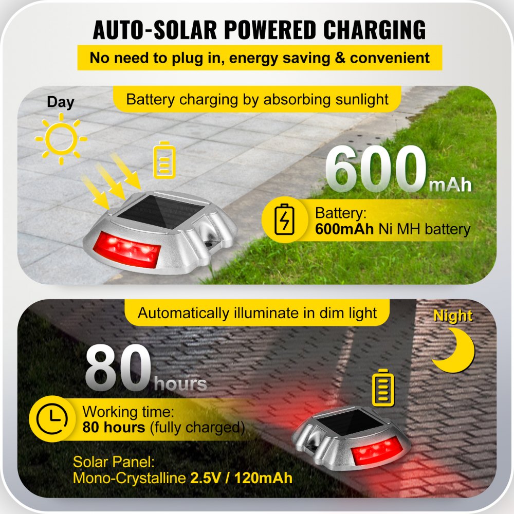Vevor Driveway Lights, 4-Pack Solar Driveway Lights with Switch Button, Solar Deck Lights Waterproof, Wireless Dock Lights 6 LEDs for Path Warning Garden Walkway Sidewalk Steps, LED Bright Red
