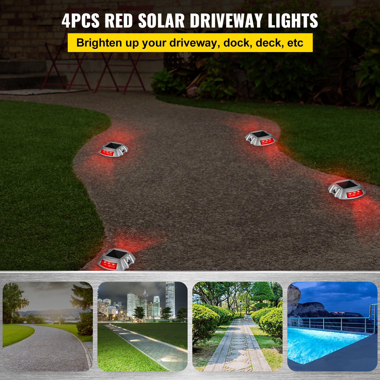 Vevor Driveway Lights, 4-Pack Solar Driveway Lights with Switch Button, Solar Deck Lights Waterproof, Wireless Dock Lights 6 LEDs for Path Warning Garden Walkway Sidewalk Steps, LED Bright Red