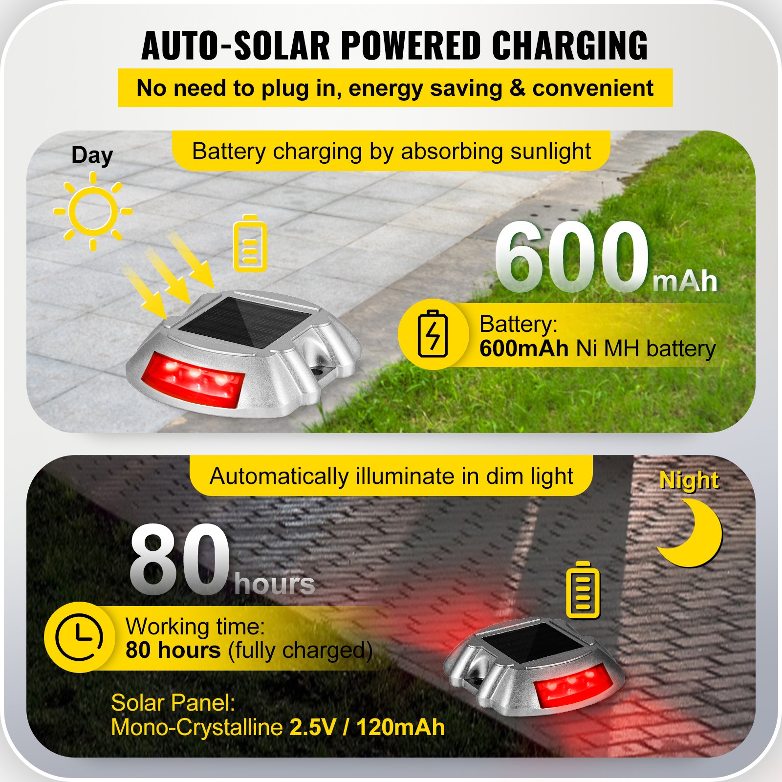 Vevor Driveway Lights, 4-Pack Solar Driveway Lights with Switch Button, Solar Deck Lights Waterproof, Wireless Dock Lights 6 LEDs for Path Warning Garden Walkway Sidewalk Steps, LED Bright Red