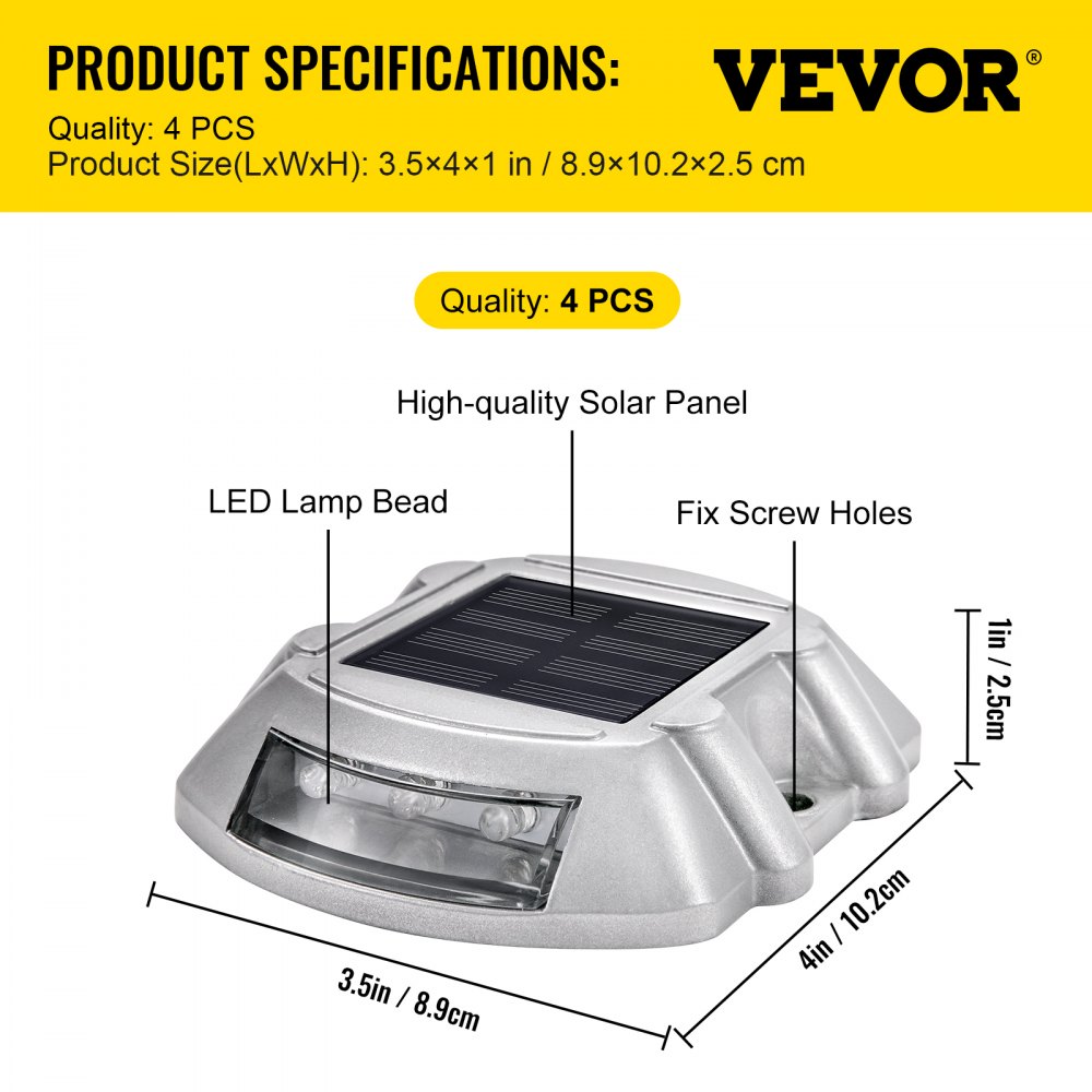 VEVOR Luces de entrada, paquete de 4 luces solares para entrada, color blanco brillante con tornillo, luces solares para cubierta, luces de muelle inalámbricas impermeables para exteriores, 6 LED para advertencia de camino, pasarela de jardín, escalones de acera