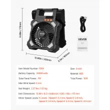 20000mAh Rechargeable Solar Fan LED Lantern 8 Inch Portable Cordless 7W