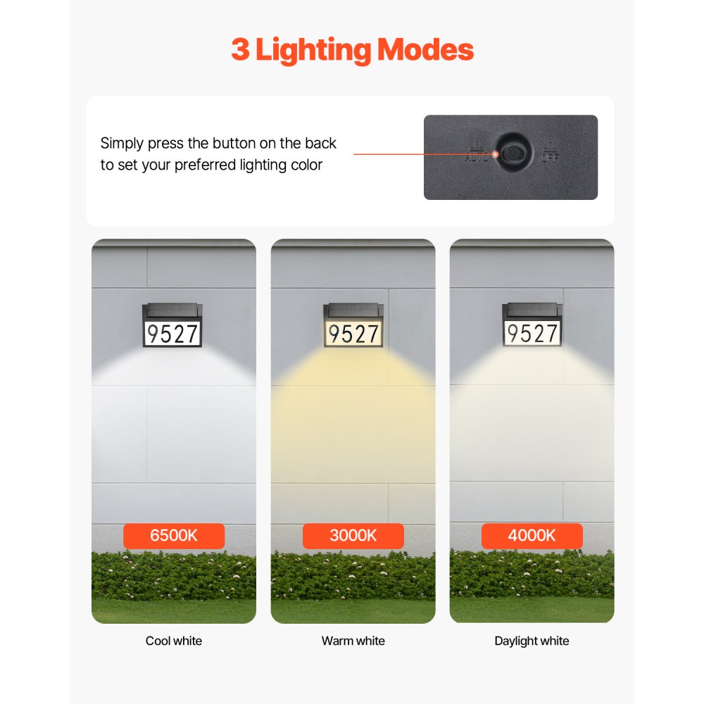 VEVOR Solar Address Sign, 3 Colors House Numbers for Outsides, Waterproof Illuminated LED Address Plaques with Stakes, Wall-Mounted or Floor-Plugged Home Number Sign for Outdoor Yard Garden Street